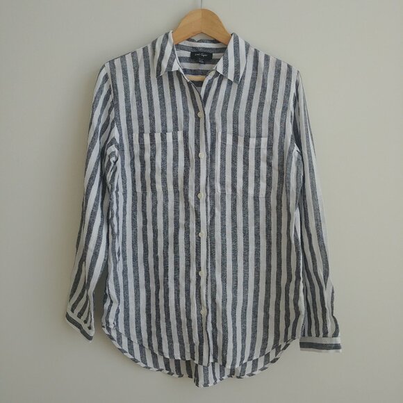 Lord + Taylor 100% linen striped button down shirt white blue grey Small - Picture 1 of 16